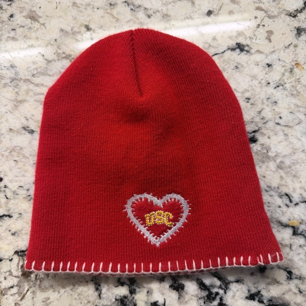 Red Knit Beanie with Heart Accent USC